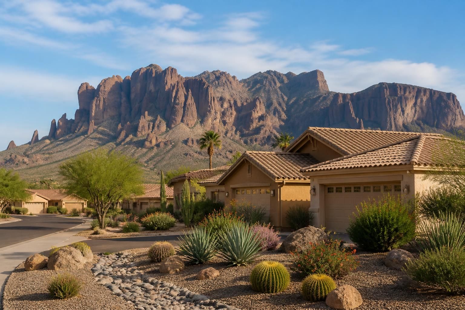Desert-edge neighborhood with homes and rooflines in Apache Junction.