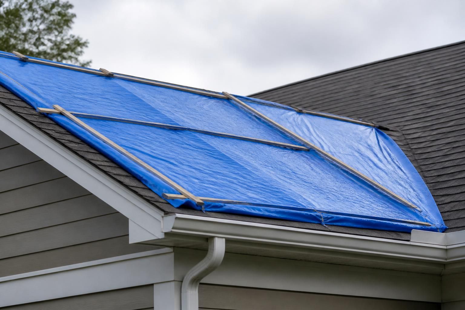 Roof with a secure temporary protective covering after emergency service.