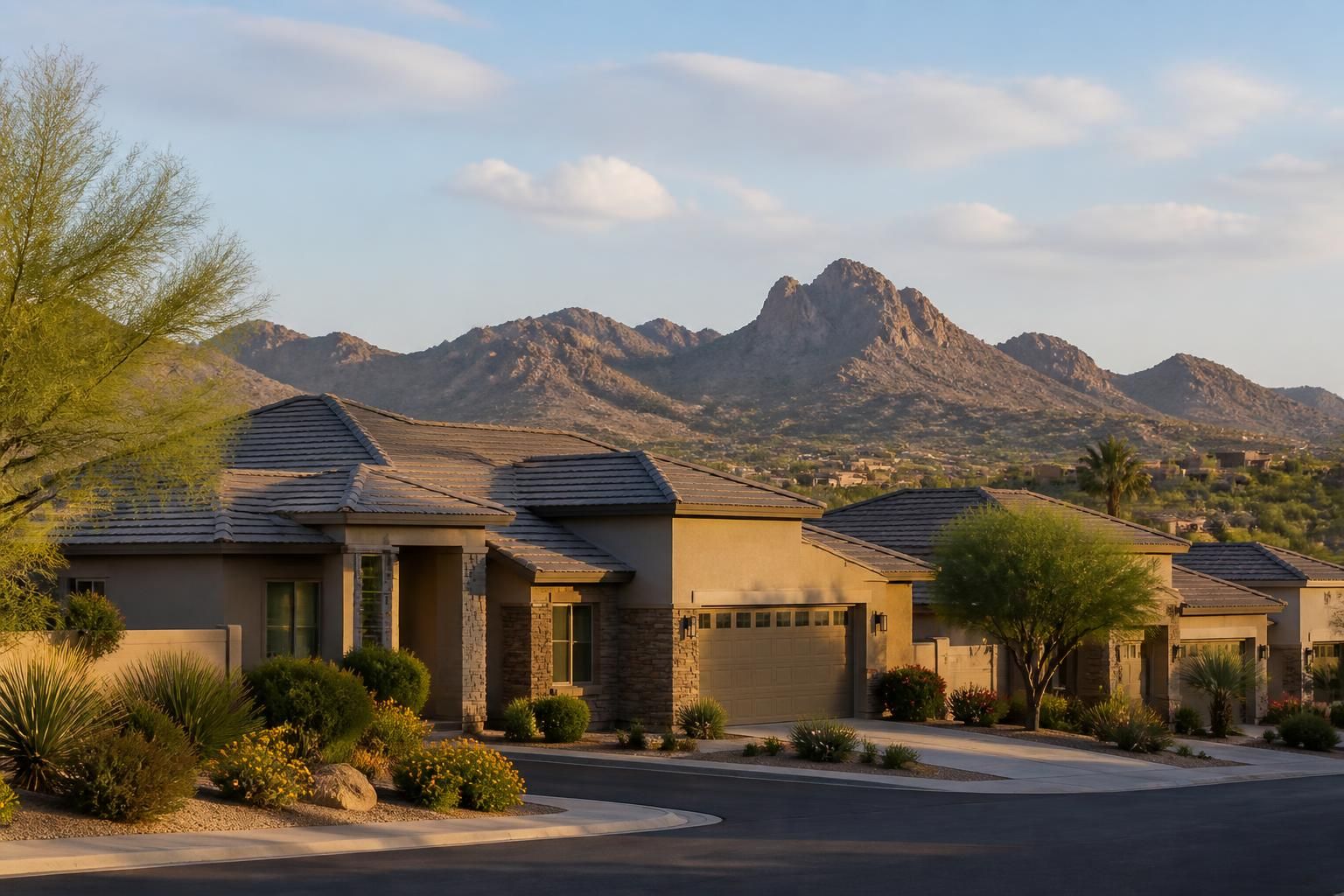 Residential neighborhood with mountain views and rooflines in Fountain Hills.