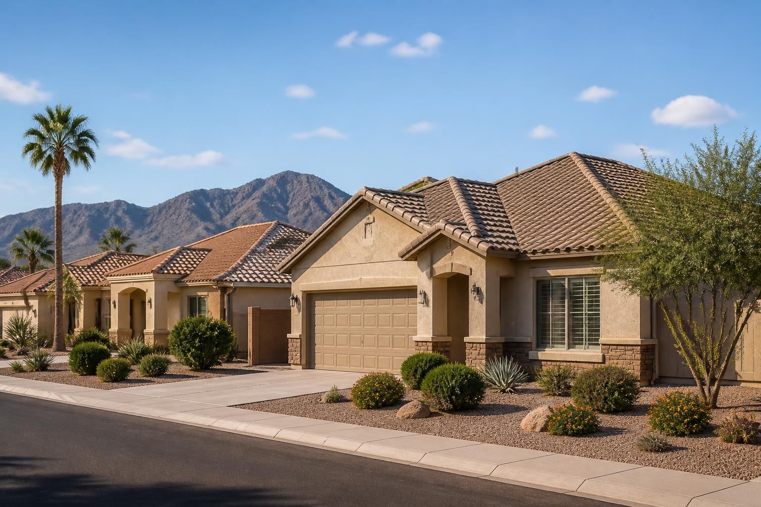Sunlit residential neighborhood with rooflines in Mesa.