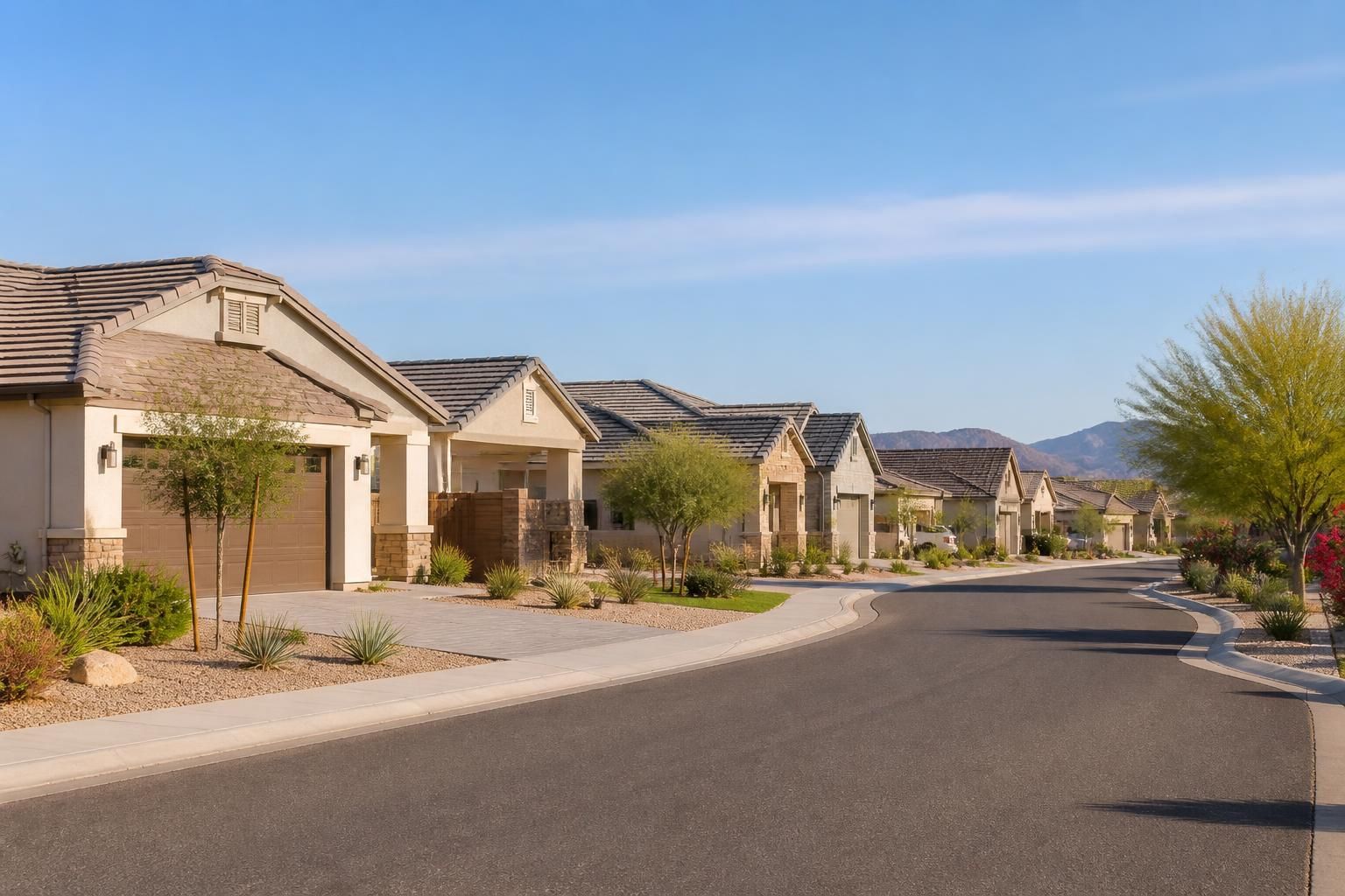 Newer suburban homes with finished rooflines in Queen Creek.