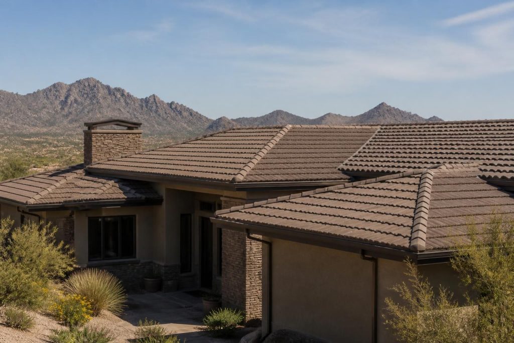 Finished residential roof on a modern home in natural daylight.