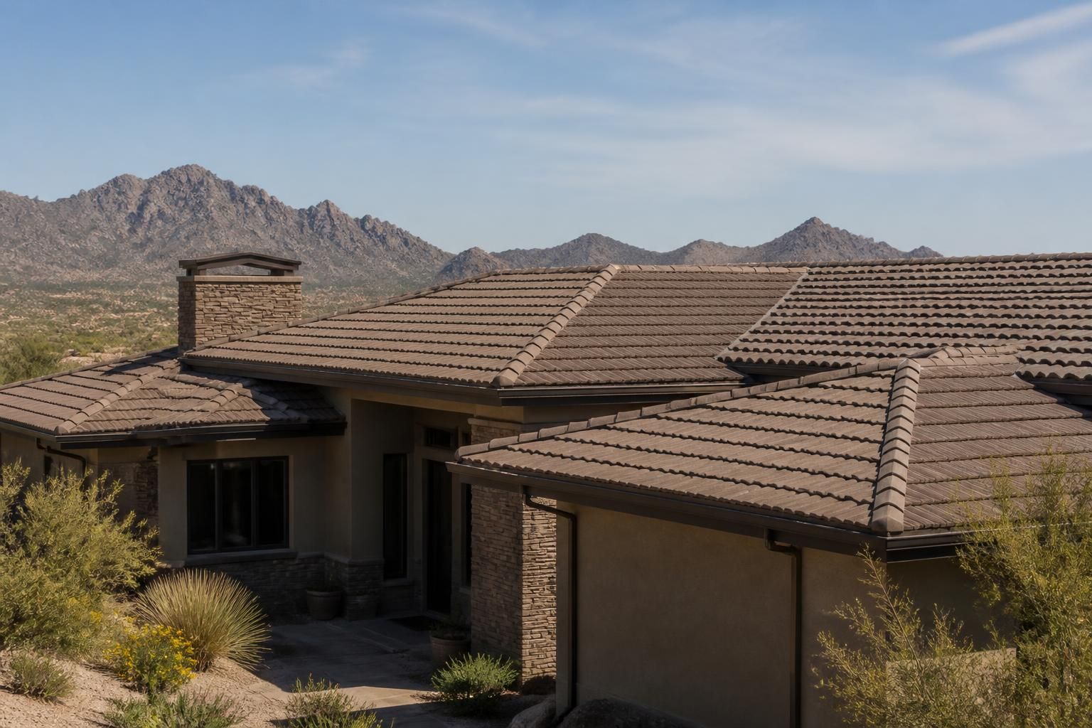 Finished residential roof on a modern home in natural daylight.