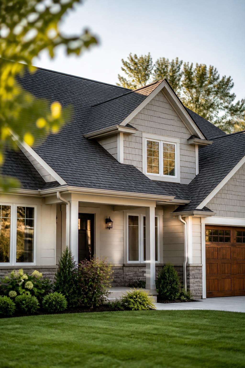 Freshly completed roof on a well-maintained home exterior.