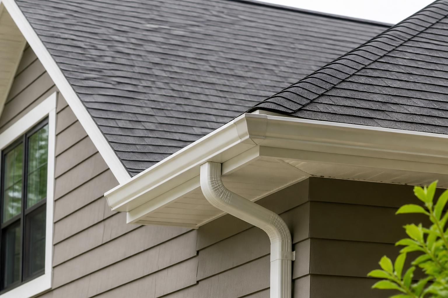 Well-maintained roof with clean gutters and tidy roof lines.