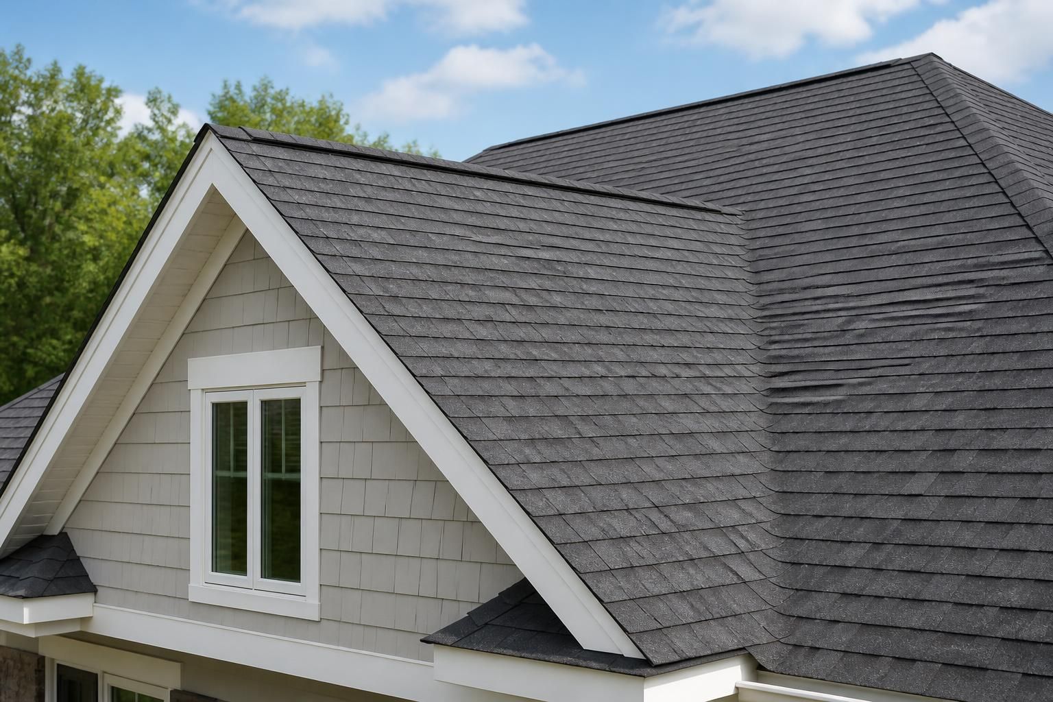 Newly replaced residential roof with clean shingle lines.