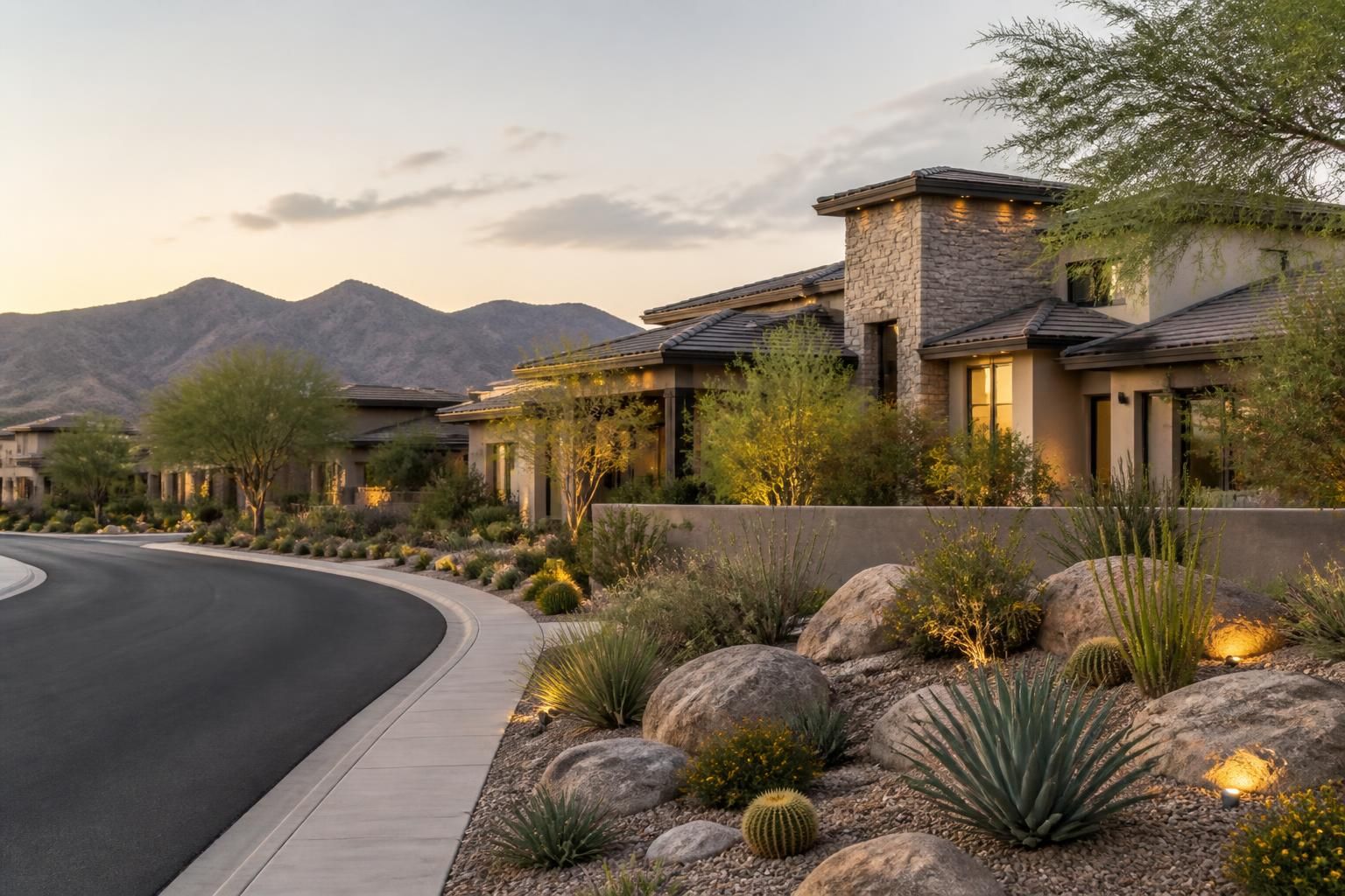 Upscale neighborhood with refined homes and rooflines in Scottsdale.