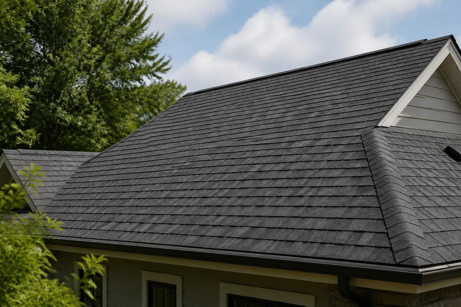 Restored residential roof after storm damage repair.